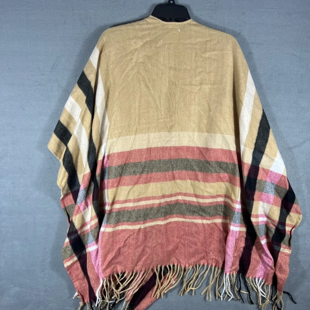 Woolrich Women's Tan Striped Plaid Fringe Open Front Poncho Wrap Shawl One Size